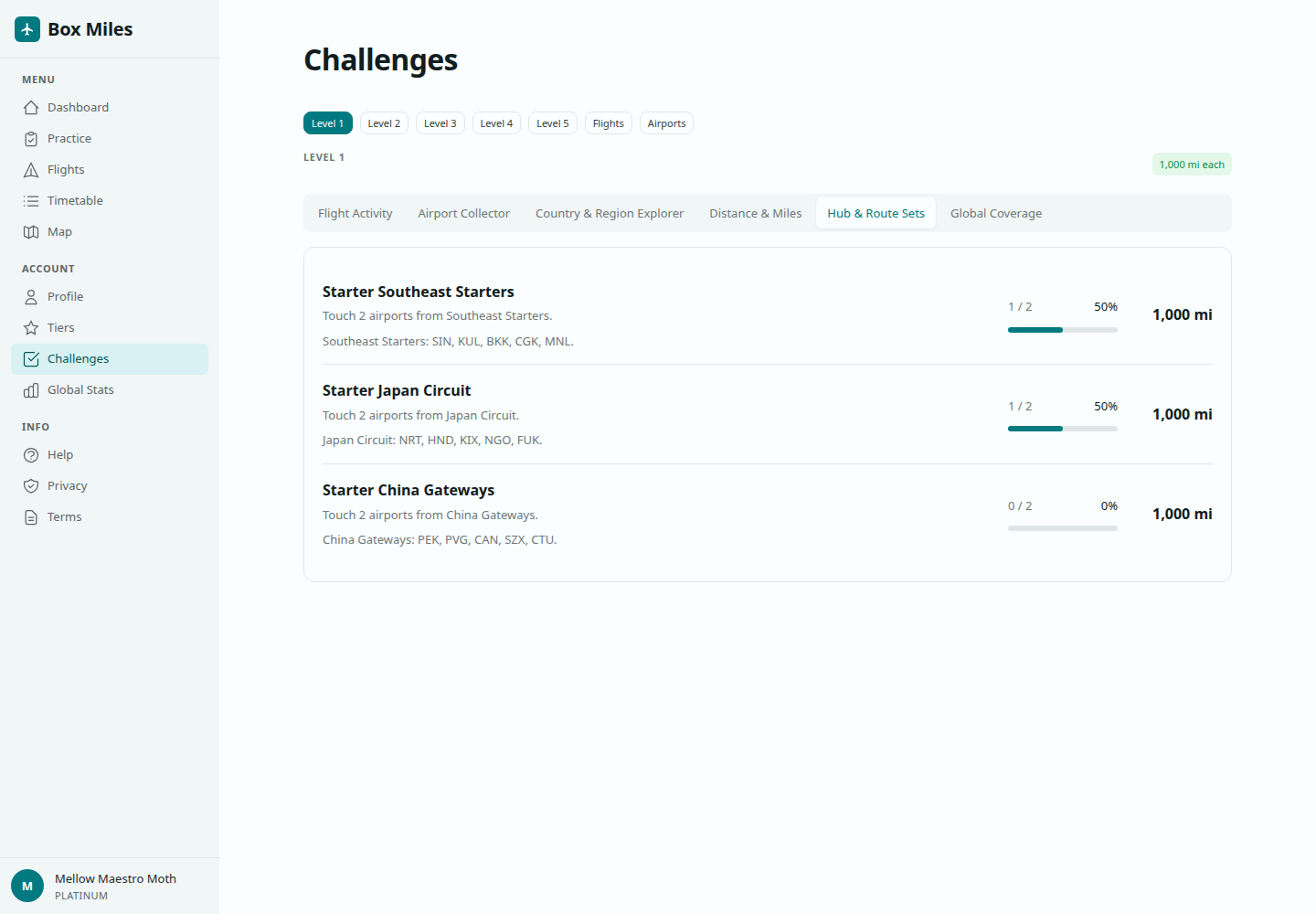 Challenges screen showing levels, categories, progress bars, and rewards