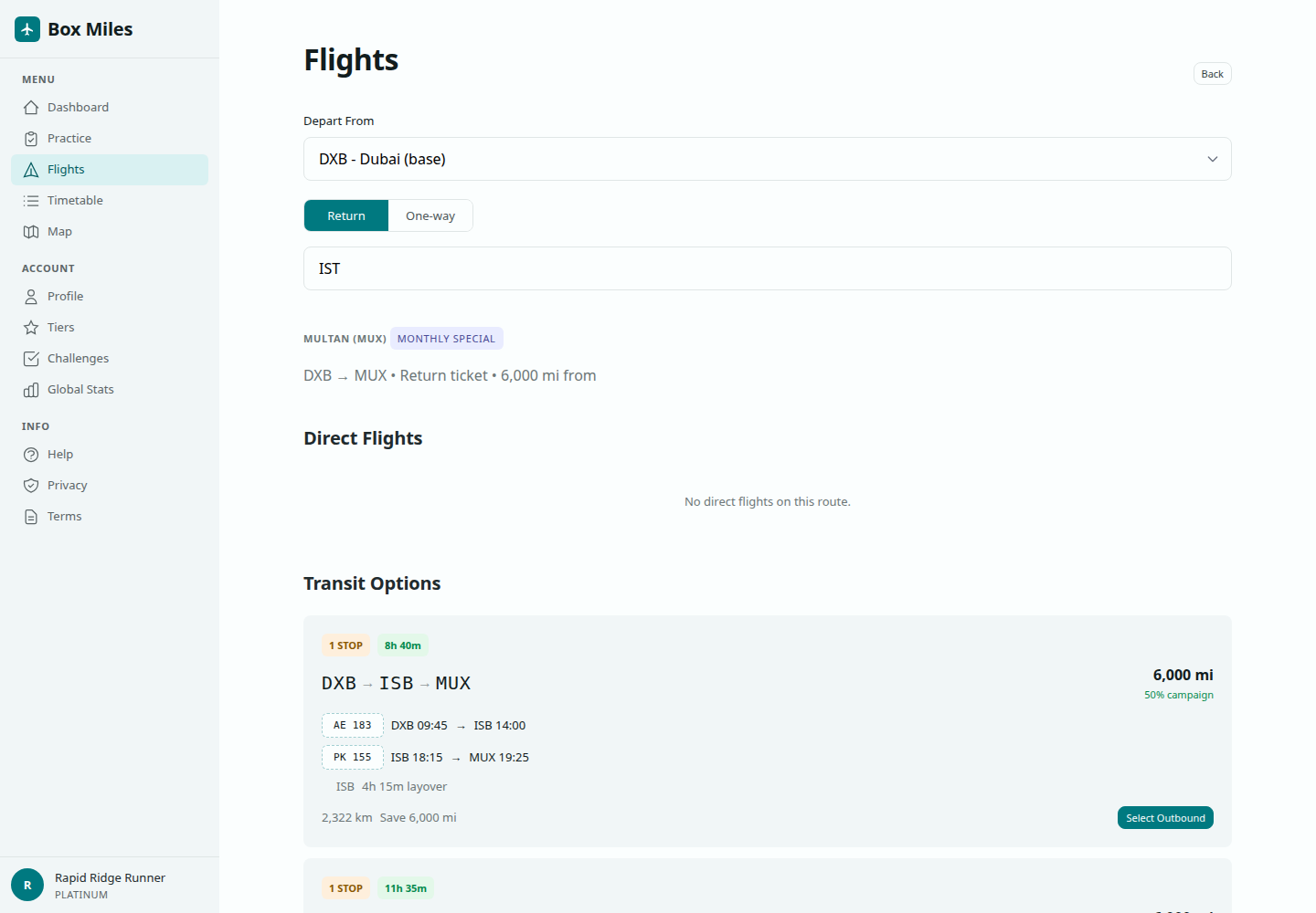 Flights screen showing destination search, route options, seats, and miles cost