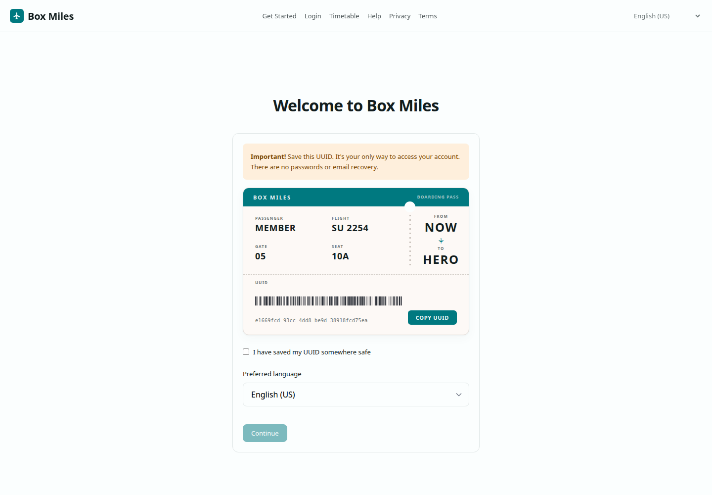 Box Miles account setup screen with UUID and preferred language controls