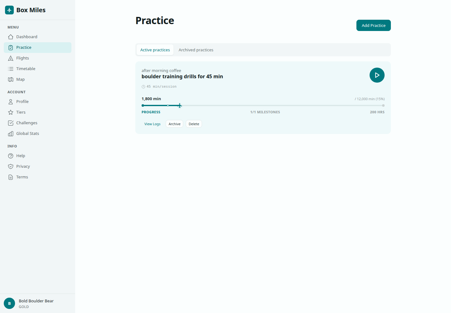 Practice screen showing cue, behavior, progress, and logging controls