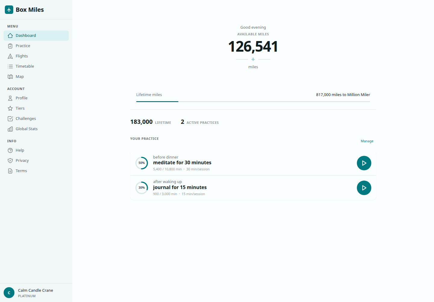 Box Miles dashboard showing available miles, practice progress, and app navigation