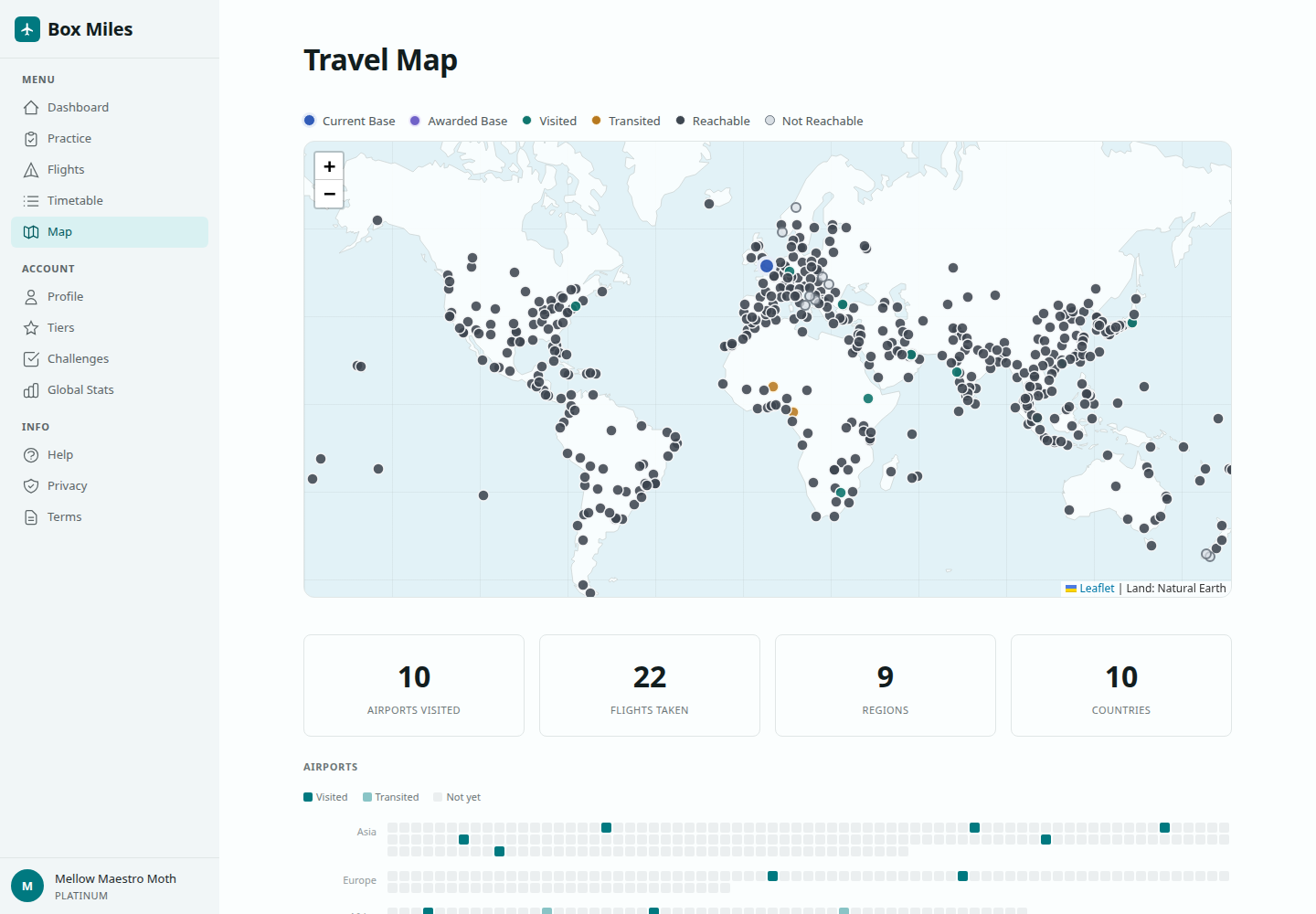 Travel Map screen showing route legend, map, stats, and flight log