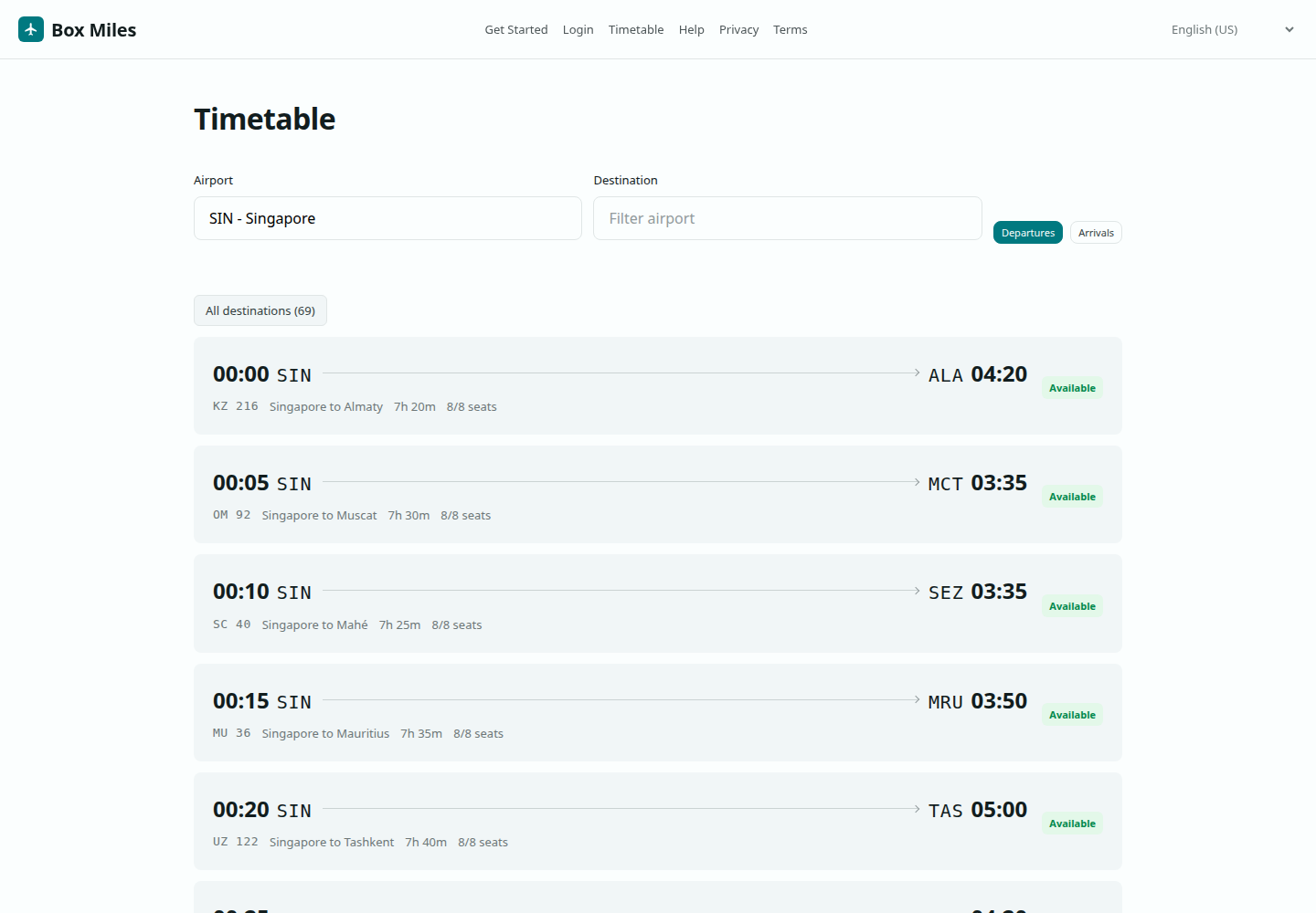 Timetable screen showing airport departures with route, time, and seat count rows